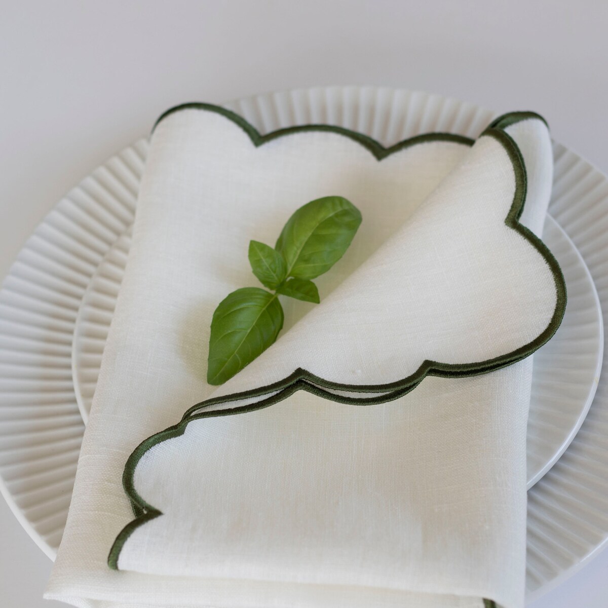 Scallop Edged Snow White Linen Napkins With Forest Green Trim, Set of 2