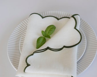 Scallop Edged White Linen Napkins with Forest Green Trim - 18x18 Inches Size - Elegant Table Decor, Set of 4, 6 or 8