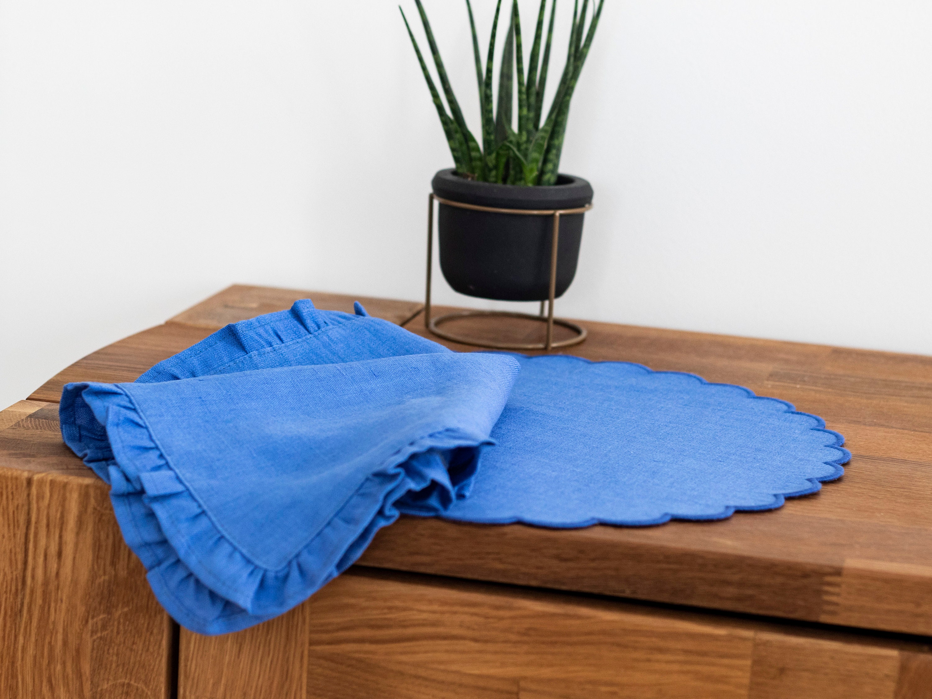 Blue Linen Round Table Mats With Scallop Edges in Blue for Etsy