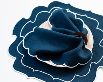 Navy linen cloth scallop napkins set  for table decor set of 6