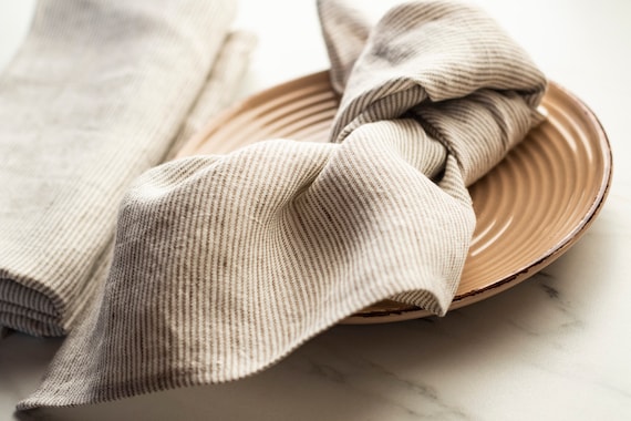 Gestreifte Leinen Servietten, Beige und Weiß, Hochzeit Ess-Set