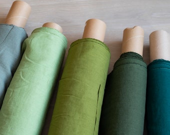 Green linen fabric by the yard, pure 100% linen, washed linen for clothes, many colors available