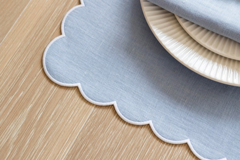 Baby Blue Linen Table Mats With Scallop Edges in White for Etsy