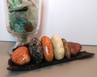 Autumn Colors Driftwood Stone Sculpture, Hollow Driftwood with Beach Stones Art