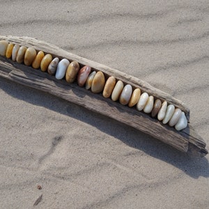 Driftwood Beach Stone Sculpture, Minimalist Natural Art, Driftwood with Beach Stone Lineup