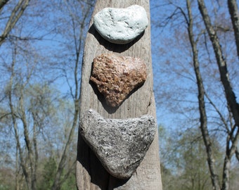 Heart Stone Trio Wall Decor, Beach Stone Hearts on Driftwood Wall Art