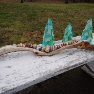 Wave in Driftwood and Stone Sculpture, Hollow Driftwood Branch with Beach Stones