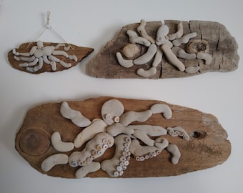 Rocktopi, Beach Stone Octopus Wall Art on Driftwood in 3 sizes