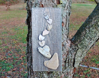 Heart Beach Stones Wall Decor, Ascending Broken Hearts, Beach Stones on Reclaimed Wood Wall Art