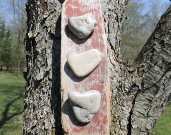 Beach Stone Heart Trio on Red Driftwood Wall Decor