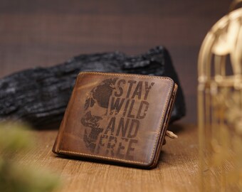 Stay Wild and Free engraved leather wallet. RFID protected, engraved, handcrafted leather wallet with free express shipping