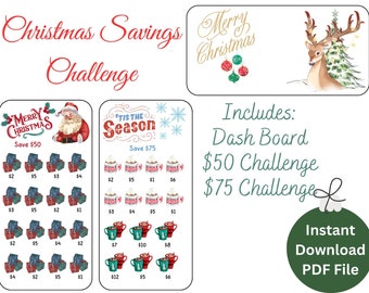 May include: Printable Christmas savings challenge with two different options: Save $50 or Save $75. The printable includes a dashboard, a $50 challenge, and a $75 challenge. The printable is an instant download PDF file.