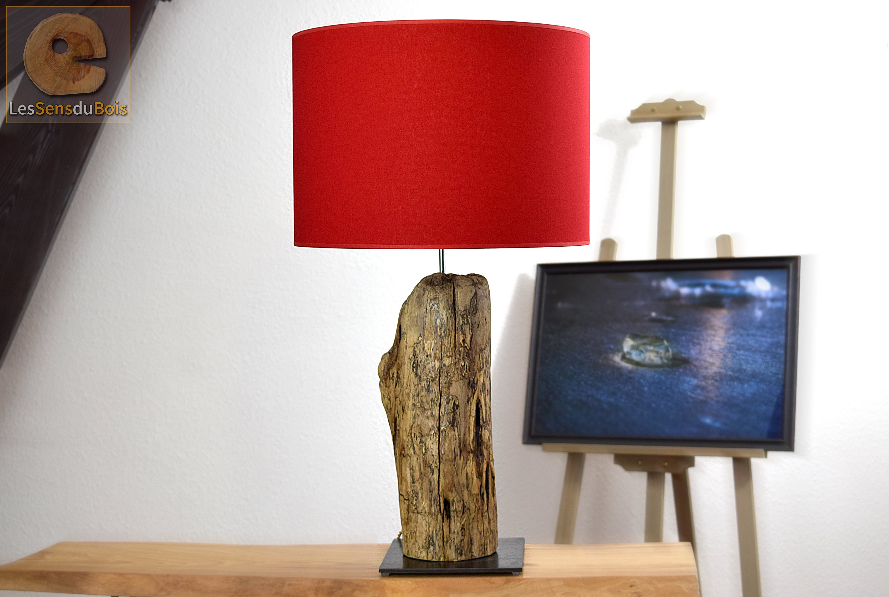 Lampe en Bois Flotté et Abat-Jour Rouge