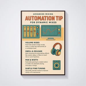 Cartaz com guia de automação, cartaz com dicas de mixagem de áudio, tabela de espectro de frequência, produção musical, mixagem e masterização, arte educacional musical