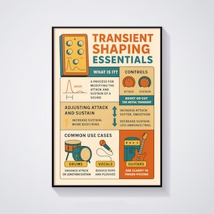 Guia de modelagem de transientes, pôster com dicas de mixagem de áudio, tabela de espectro de frequências, produção musical, mixagem e masterização, educação musical