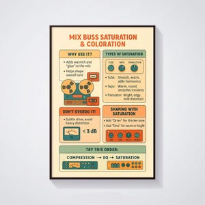 Cartaz com guia de saturação do Mix Buzz, cartaz com dicas de mixagem de áudio, tabela de espectro de frequência, produção musical, mixagem e masterização