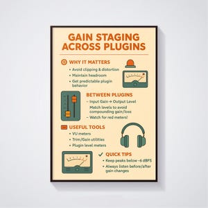 Gain Staging em Plugins, Pôster com Dicas de Mixagem de Áudio, Tabela de Espectro de Frequência, Produção Musical, Mixagem e Masterização, Pôster Musical