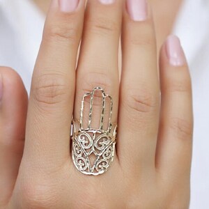 14k Solid Gold Hamsa Ring, Evil Eye Ring, Filigree Hamsa Ring, Artisan Ring, Hand Of Fatima Ring