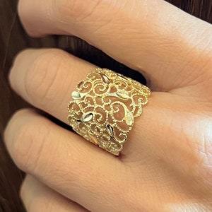 14K Solid Gold Vintage Filigree Ring for Women ,Valentine&#39;s Day Gift