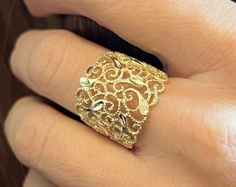 14K Solid Gold Vintage Filigree Ring, Ornate Lace Ring, Wide Wedding Ring