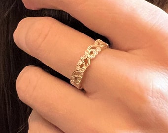 14K Gold Filigree Ring, Gold Diamonds Ring, Antique Engagement Ring, Dainty Diamonds Ring, Gold Vintage Ring, Boho Gold Ring, Gold lace ring