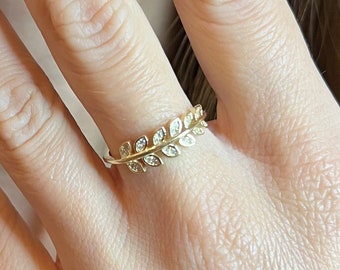 14K Gold Leaf Ring, Diamond Vine Ring, Diamond Bridal Ring, Diamond Leaf Ring, Diamond Delicate Ring, Diamond Dainty Ring