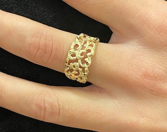 14K Gold Filigree Ring, Ornate Ring, Wide Gold Ring, Vintage Gold Ring, Casual Ring, Bohemian Ring, Statement Ring, Chunky Ring for Women