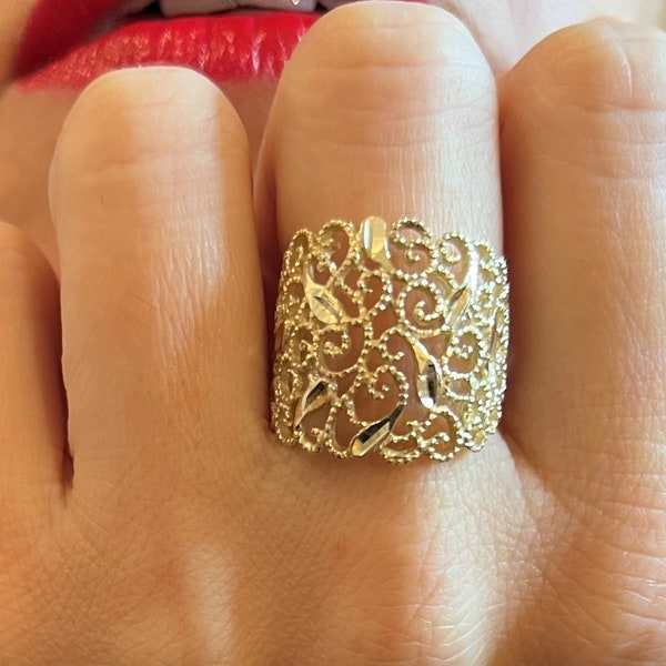 14K Gold Lace Ring, Gold Filigree Band Ring, Gold Vintage Ring, Bohemian Ring, Antique Yellow Gold Ring, Wide Wedding Ring, Geometric Ring