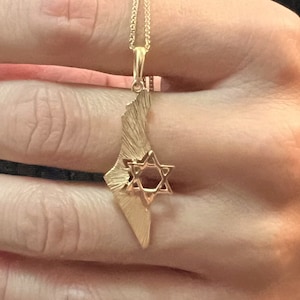 Colgante de oro macizo de 14 quilates con mapa de Israel y estrella de David, joyería judía de Israel, textura suave, collar con mapa Magen David.