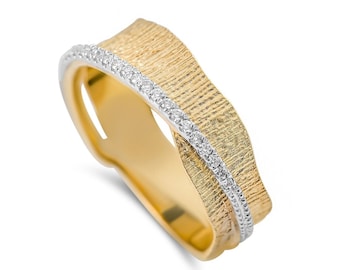 14K Gold Diamond Band, Wide Wedding Band, Modern Wedding Band For Women, Contemporary Ring, Texture Wedding Ring