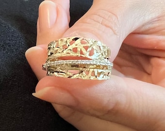 14K Gold Wide Diamonds Ring, Gold Wedding Ring for Women, Chunky Gold Ring, Statement Ring, Modern Yellow Gold Ring, Geometric Ring for Her