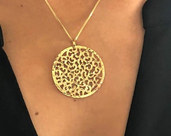 14K Solid Gold Medallion Pendant, Lace Necklace for Women, Statement Necklace, Round Pendant, Gold Filigree Pendant, Gold Layered Necklace