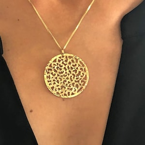 14K Solid Gold Medallion Pendant, Lace Necklace for Women, Statement Necklace, Round Pendant, Gold Filigree Pendant, Gold Layered Necklace