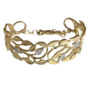 14K Gold Wire Wrapped Bracelet, Branch Bracelet, Gold Cuff Bracelet, Leaf Bracelet, Solid Gold Ornate Ring, Wide Bangle Bracelet