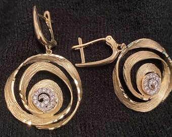 14K Gold Spiral Earrings For Women, Gold Dangle Earrings, Gold Diamonds Drop Earrings ,Valentine's Day Gift