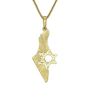 Colgante de oro macizo de 14 quilates con mapa de Israel y estrella de David, joyería judía de Israel, textura suave, collar con mapa Magen David.
