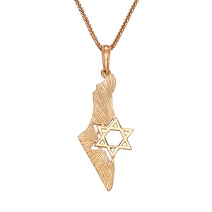 Colgante de oro rosa macizo de 14 quilates con mapa de Israel y mapa Magen, joyería judía de Israel, textura suave, collar con mapa y estrella de David.