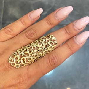 14K Gold Full Finger Ring, Filigree Ring, Handmade Ring, Gold Design Ring, Gold Lace Ring, Long Gold Ring, Wide Gold Ring, Bohemian Ring