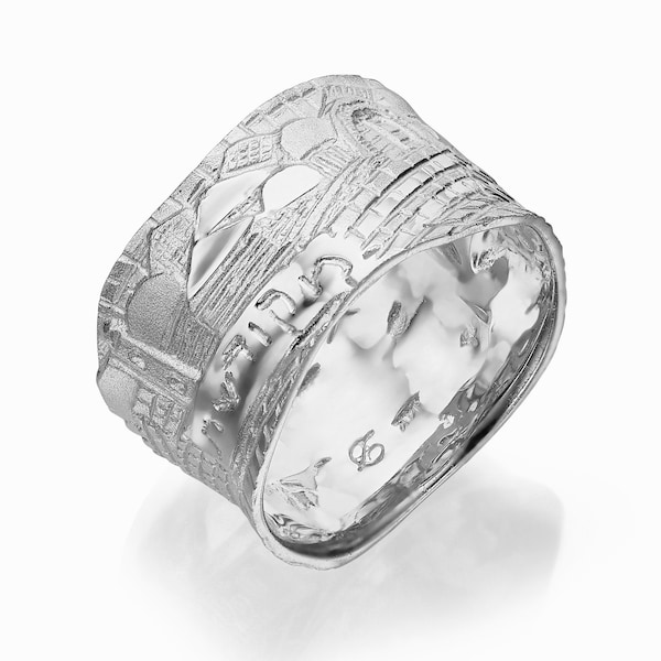 14k Solid White Gold Jerusalem Ring, Jewish Wedding Ring, Wide Band Ring, Judaica Ring, Bible Ring, Betrothal Verse Jewish Wedding Band