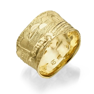 14k Solid Gold Jerusalem Jewish Ring, Wide Band Ring, Judaica Wedding Ring, Hebrew Ring, Betrothal Verse Jewish Wedding Band