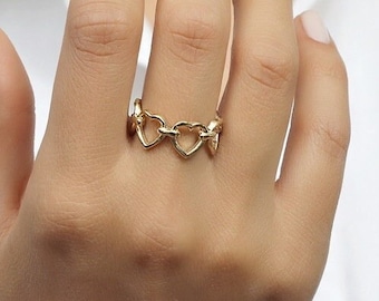 Bague cadre coeur en or, bague en or massif 14K, groupe d’amour délicat, cadeau romantique pour elle, bague minimaliste, cadeau petite amie
