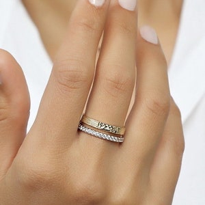 14k Solid Gold Diamond Ring, Textured Gold Ring, Sparkle Cut Ring, Double Diamonds Ring