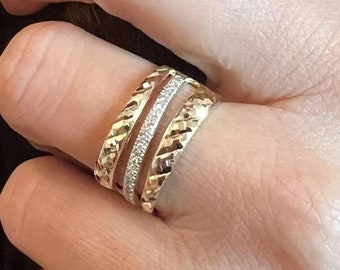 14K Solid Gold Three Band Ring , Pave Diamonds Band, triple bar open ring, Diamonds Statement Ring, Triple Designer Ring
