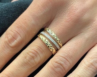 14K Solid Gold Ring, Pave Diamonds Band, Wide Band Ring, Diamonds Statement Ring, Triple Designer Ring, Gold Texture Ring for Women