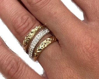 14k Solid Gold Triple Band Ring, Real Gold Three Band Ring, Unique Design For Her, Handmade Fine Jewelry, Diamonds Ring