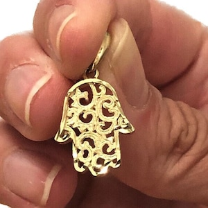 14K Solid Gold Hamsa Pendant, Hamsa Hand Necklace, Hand Of Fatima Pendant, Hamsa Filigree Pendant, Charm Necklace, Jewish Gold Necklace