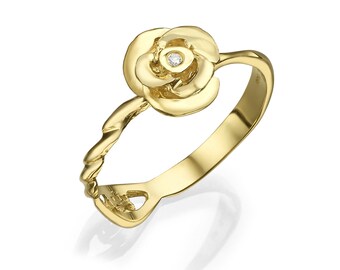 14k White Gold Flower Ring With Diamond ,valentine's Day Gift