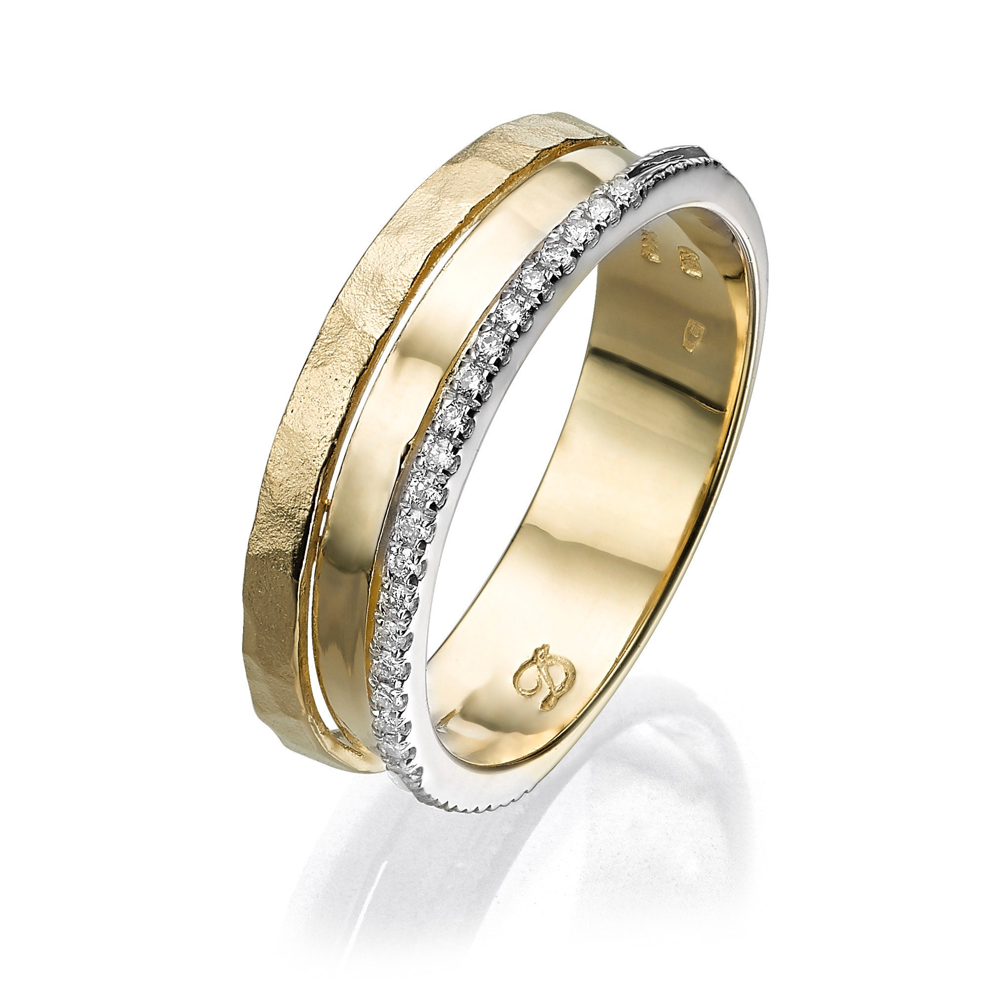 14K Gold Hammered Ring, Hammered Wedding Band, Hammered Diamond Ring, Gold Hammer Ring, Half Eternity Ring for Women, 3 Row Diamond Band