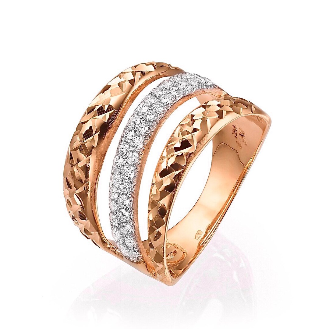 14k Rose Gold Triple Ring, 2 Row Diamond Ring, Unique Diamond Ring ...