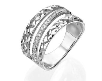 14K Solid White Gold Triple Designer Ring, Pave Diamonds Band, Wide Band Ring, Diamonds Statement Ring, Gold Texture Ring for Women